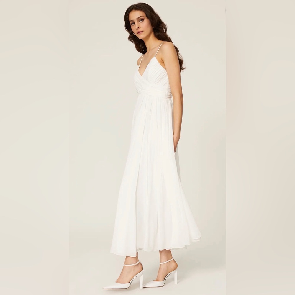 NEW IEENA Mac Duggal WHITE Chiffon FAUX WRAP Sleeveless COCKTAIL Midi DRESS